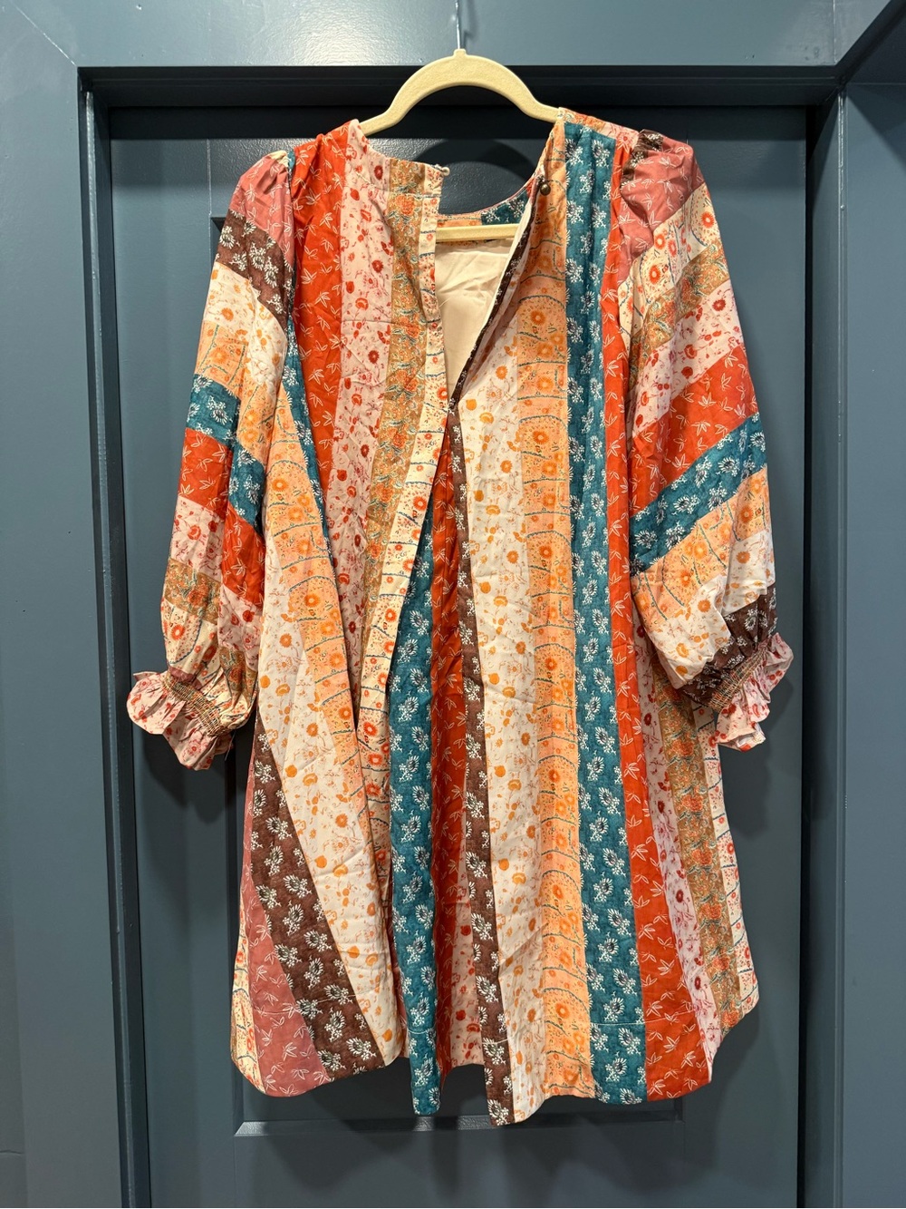 Entro Patchwork Long Sleeve Tunic Dress in Rust, Teal & Cream - Picture 2 of 2
